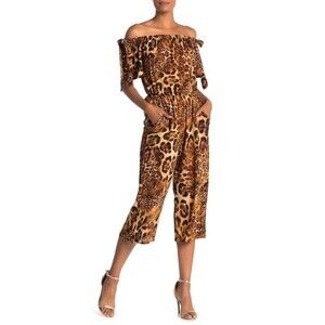 Superfoxx Off The Shoulder Crop animal print Jumpsuit In Mocha Size XS